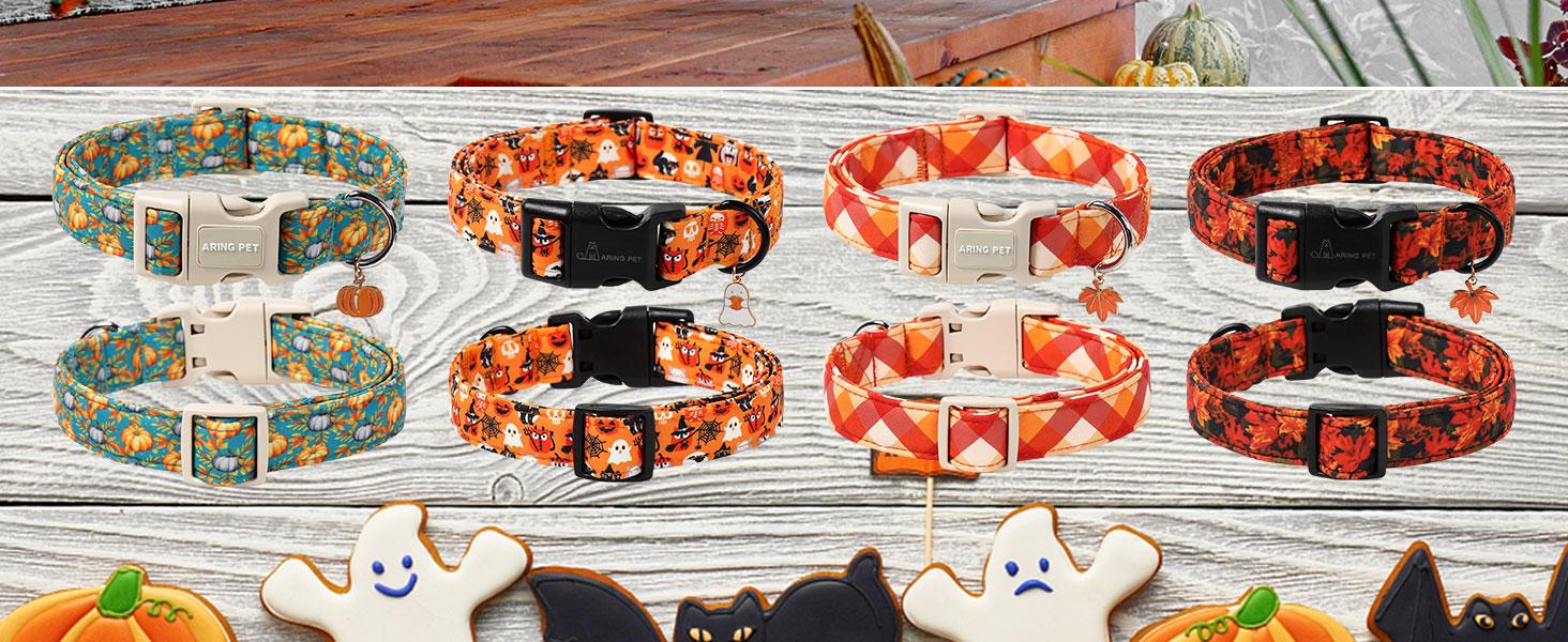 ARING PET Plaid Print Breathable Cotton Dog Collar - Orange Black White Halloween Party Wear, Quick Release for Small-Large Dogs, XS Size Fall Collar