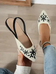 Women's Beige & Black Floral Embroidered Pointed-Toe Slingback Mule Flats Double-Strap Design Fabric Upper Elegant Office Party Dress Shoes Casual Daily Footwear Fashion Lifestyle Footwear