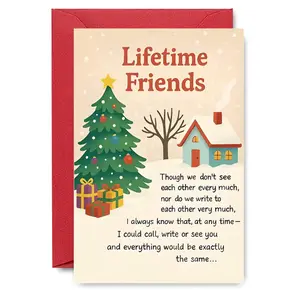 1PC Heartwarming Christmas Greeting Card, Lifetime Friends with Christmas Tree & House Design, "Lifetime Friends" Poem Card, Ideal for Longtime Friends Holiday Season Appreciation Wishes