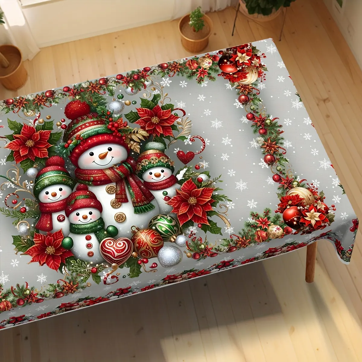 1pc Christmas Round Tablecloth, Snowman Christmas Flower Gift Snowflake Reindeer Tablecloth, Christmas Decoration, Winter Decoration, Suitable for Theme Party, Holiday, Home Decor, Suitable for Indoor&Outdoor Use.