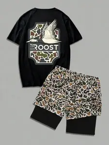 Two-Piece Set Men's Camo Print Short Sleeve Graphic Tee & Camo Print Shorts Set, Regular Fit Casual Round Neck T-shirt & Shorts, Men's Summer Clothes Menswear
