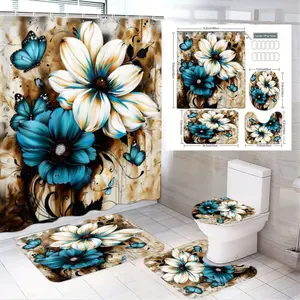 1/4pcs Vintage Floral Bathroom, Restroom Decor Set - Rustic Boho Shower Curtain with Creamy Blooms, Teal Butterflies, Mat & Toilet Seat Cover with Coordinating Design, Perfect for Spring Refresh or Home Makeover, Bathroom Decoration Accessories