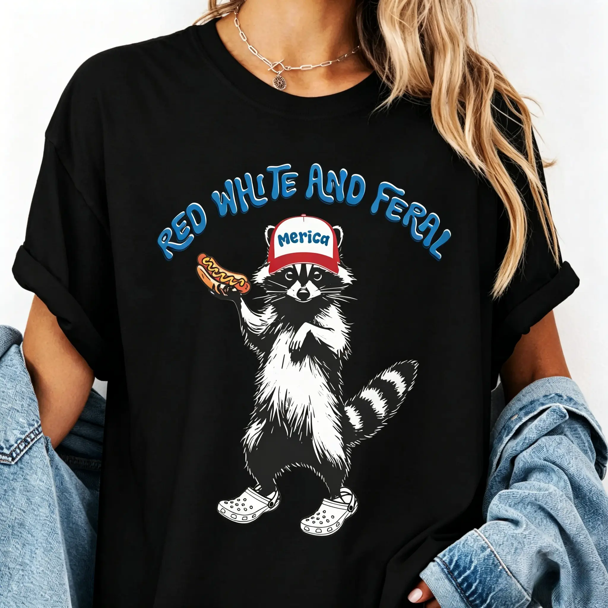 Unisex Bohemian USA Patriotic Red White Feral Raccoon Graphic T-Shirt - 4th July Memorial Day, Short-Sleeve, Round Neck, 1-Piece Clothes for Casual Hot Dog Party Redneck Wear