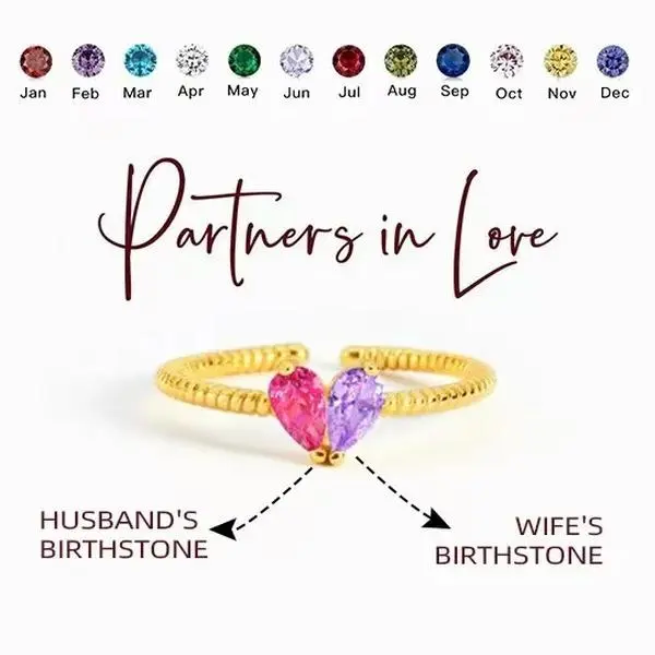 AS135 Adjustable Heart Shape Birthstone Ring - DIY Opening, 1-12 Month Design, Valentine's Day Gift, Fashion Costume Jewelry for Daily Wear, Heart Rings, Artificial Gemstone Ring, Interchangeable Rings
