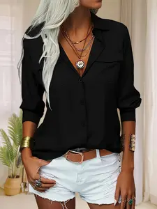 Women's Double Pocket Button Front Shirt, Long Sleeves, Soft Comfortable Cool Elegant Style, Casual Daily Wear, Spring Summer Fashion