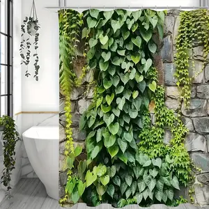 1pc Refreshing Spring Scenery Bath Curtain-Lush Green Foliage & Stone Design, Easy-Care Polyester, Includes Hooks-Vibrant Bathroom Refresh window removable shower waterproof weight hotel style room decor non-slip floral pattern curtain home rustic Set