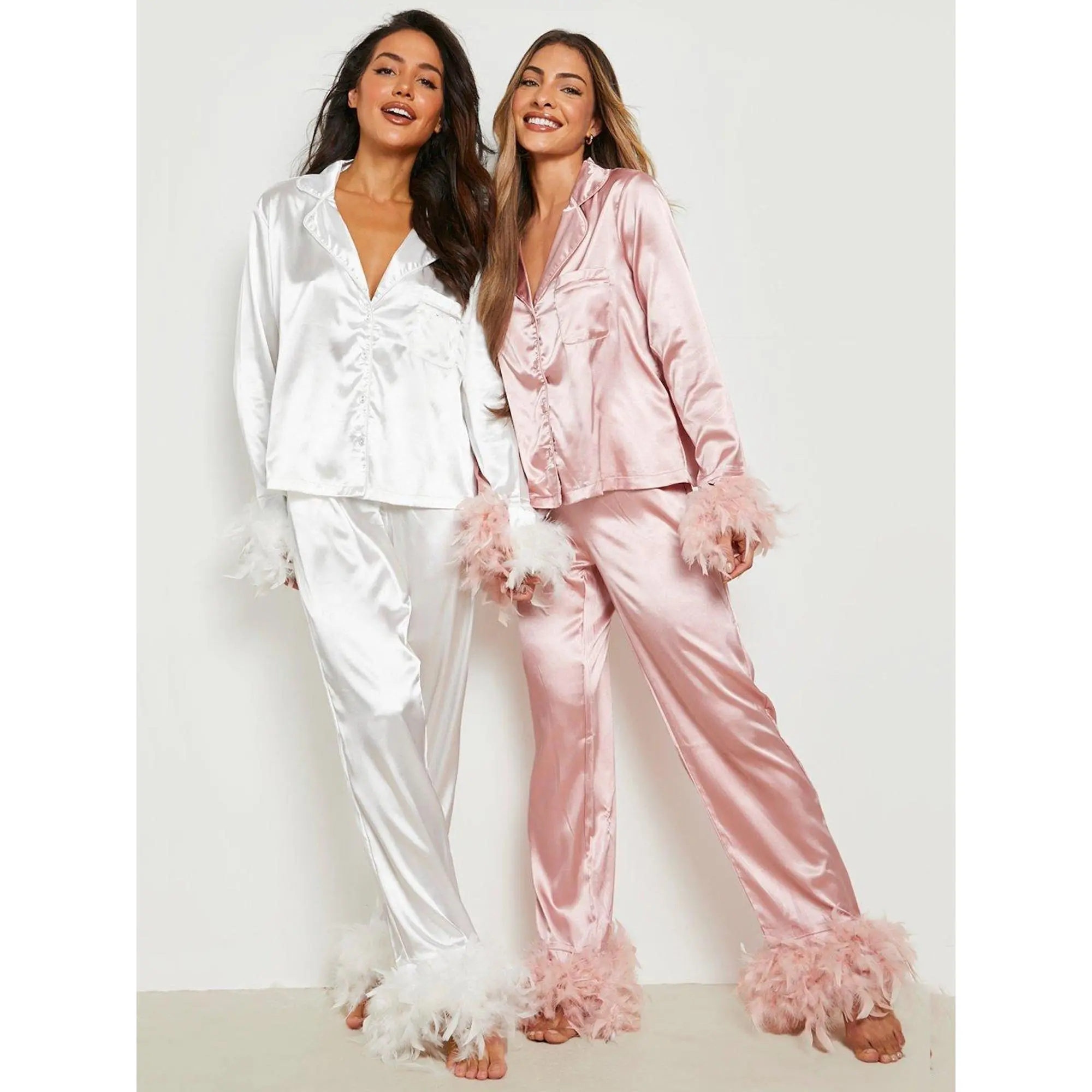 Women Faux Feather Trim 2 Piece Satin Pajamas Set Christmas/Valentine's Day Sleepwear Long Sleeve Button Down Bridal Shirt and Pants Loungewear Set