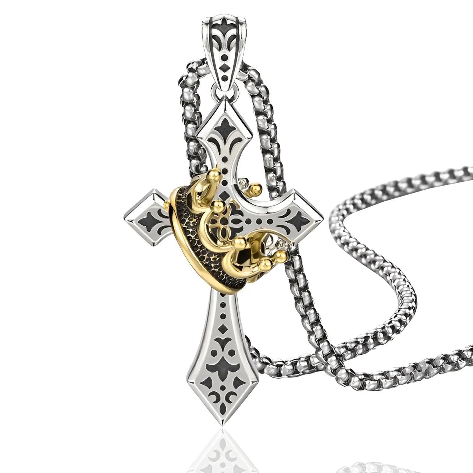 Men's Classic Stainless Steel Chain Necklace - 62cm Vintage Crown Crucifix Pendant, Alloy Cross Embellishment Jewelry, Father’s Day Spiritual Gift