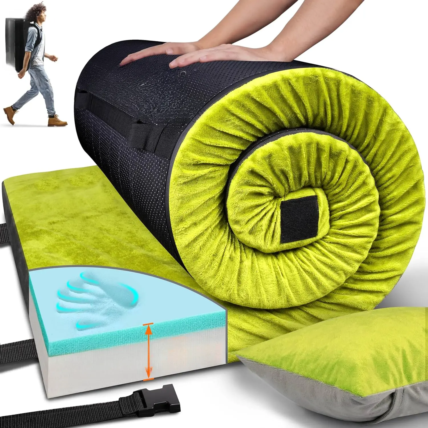 3" Thickness Memory Foam Camping Mattress - Dual-Layer Portable Mat, Camping Beds for Car Cot Fit, Road Trips, Tent Guests Sleepover, Unisex