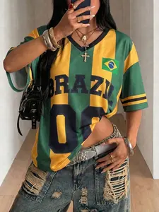 Y2K Football Jersey Oversized Green Yellow Striped V-Neck Streetwear Summer Top
