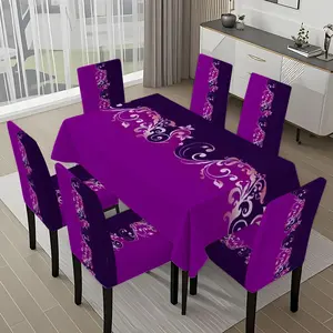 5/7-piece 2D Flat Printing Purple and Pink Abstract Patterns Printing Pattern Tablecloth and Chair Cover Set, for dining table and chair decoration, perfect for home, holiday gatherings, restaurants, and parties.
