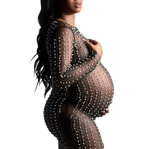 Women Bikini Cover Long Sleeve Dress with Pearl Decoration, See Through Skinny Version Clothing(Sheets)