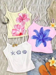 Set of 3 Multicolor Ladies' Casual Sleeveless Cami Top Spaghetti Strap, Short Cropped Design with Bohemian Floral and Shell Prints, Soft Fabric, For Daily Wear, Beach Holiday, Music Festival, Top