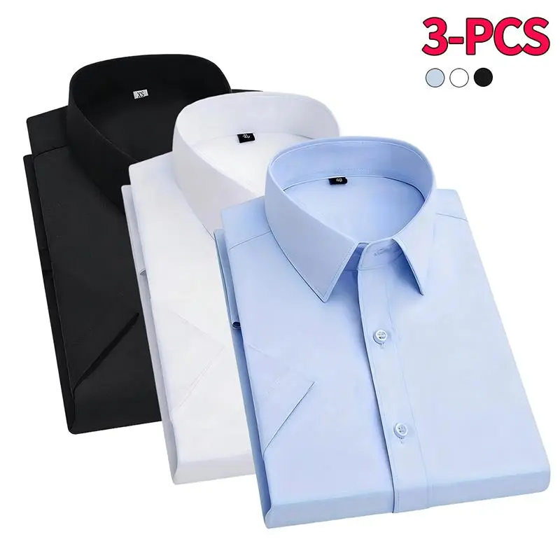 Men's 3-Pack Summer Short-Sleeve Turn-Down Collar Dress Shirts - White/Black Plain Casual Button-Closure Tops, Soft Smooth Fabric, for Business Formal Work & Daily Outings