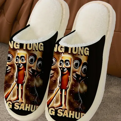 TUNG TUNG Men's & Women's Cartoon Character Home Shoes, Textile Upper, Casual Home Slippers, Indoor Slippers, House Slippers, Flat Slippers, Affordable Slippers, Multi-Color, Couple's Style, Fall Winter Comfortable Print Slipper