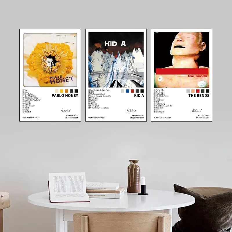 3-piece set featuring album cover posters, Wall Art, Artwork, Art Work For Wall Decor from Kid A, Pablo Honey, and The Bends; perfect for hip-hop, R&B music lovers; ideal for Christmas and New Year's gifts; suitable for home; frameless design
