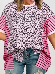 Women Pink Leopard Striped Patchwork Side Slit Loose Short Sleeve Top, Casual Relaxed Fit Short Sleeve T-Shirts Side Slit Loose Blouses Summer Fashion Apparel Lightweight Tunics Soft Daily Outfits Trendy Wardrobe Staples outdoorfun