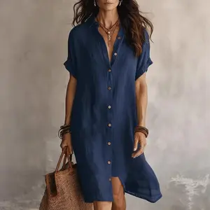 Women’s Summer Casual Solid Color Shirt Dress Button Down Collared Short Sleeve Midi Dress Loose Fit Elegant Fashion Dress for Daily Wear Vacation Holiday