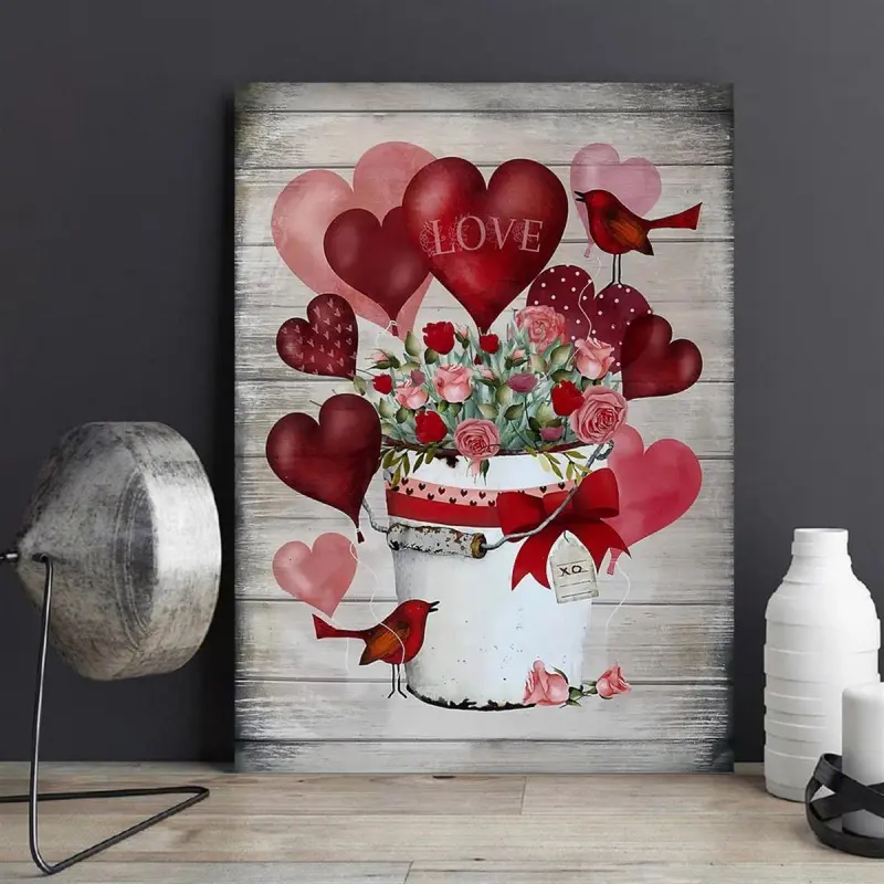 1 Piece Vintage Valentine's Day Canvas Wall Art - Heart-Shaped Bucket and Red Rose Wooden Frame Painting, Perfect Valentine's Day Gift for Her, Ready-to-Hang Wall Decoration for Living Room and Bedroom