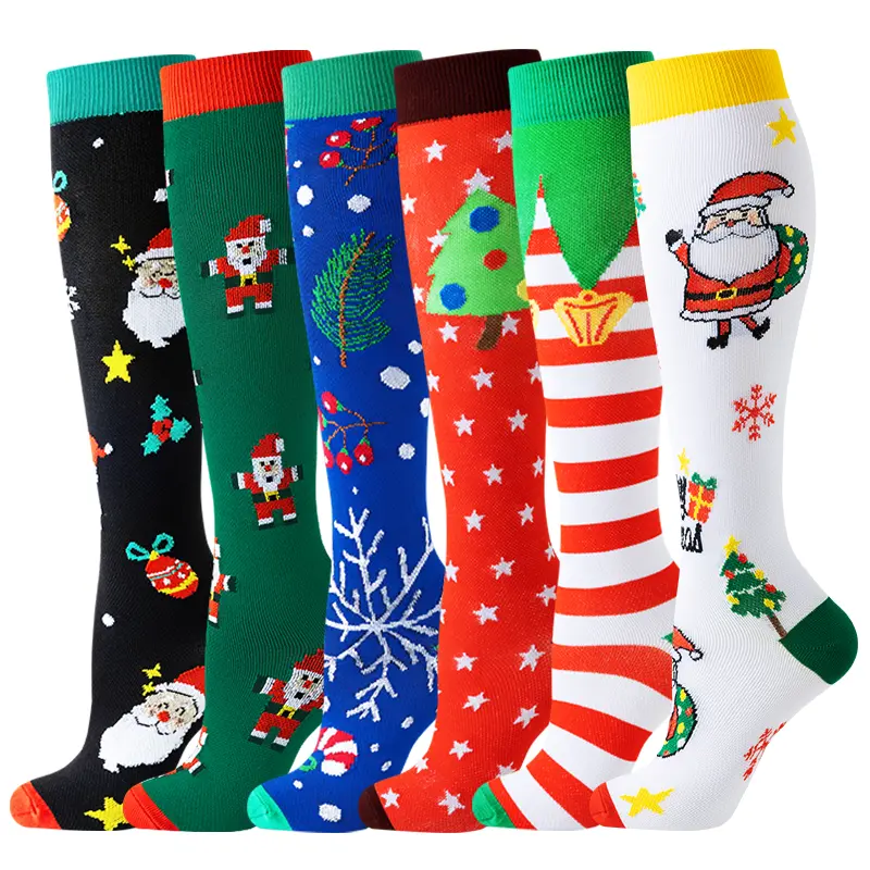 MhzyCaus 6-Pack Christmas Compression Socks for Women & Men, Holiday Pattern Calf Socks with Santa, Snowman, Tree and Snowflake Prints, Colorful Festive Crew Socks for Winter Outfit, Travel, Party and Everyday Wear