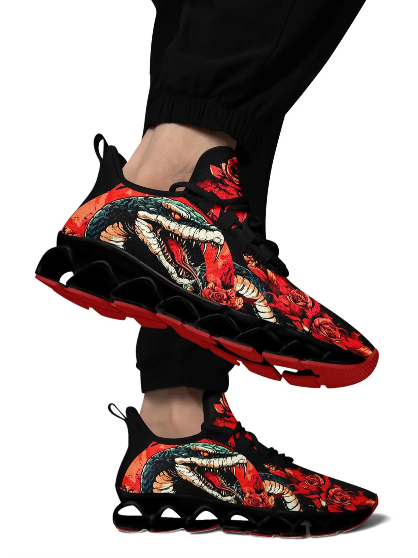 Men's Fashionable Floral & Snake Print Lace Up Low Top Sneakers, Casual Comfortable Breathable Sports Running Shoes, Male All-match Round Toe Shoes for Daily Wear