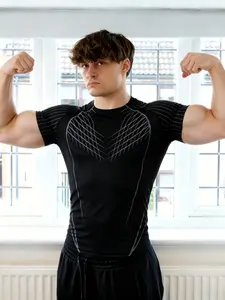 Men's European Style Tech Line Fitness Compression T-Shirt, High Elasticity Quick-Dry Breathable Fabric, Slim Fit Muscle Show Design