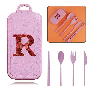 Initials Letter Pattern Wheat Straw Cutlery Set, 4 Counts/set Including Spoon, Fork, Knife & Chopsticks with Storage Box, Portable Tableware Set for Home Kitchen, Dinnerware Service Set