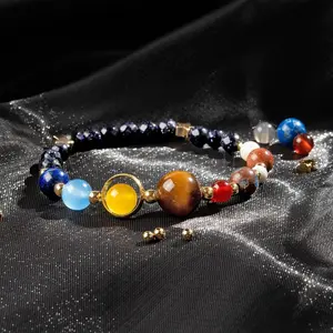 Solar System Eight Planets Galaxy Natural Blue Goldstone Beaded Healing Strength Women Men Bracelet Gift