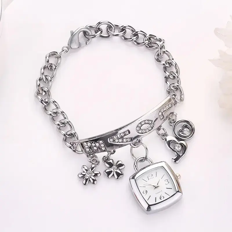 Women's Bracelet Watch, LOVE Letter Alloy Quartz Watch, Floral Embellishment Dress Watch, Elegant Casual Watch for women.