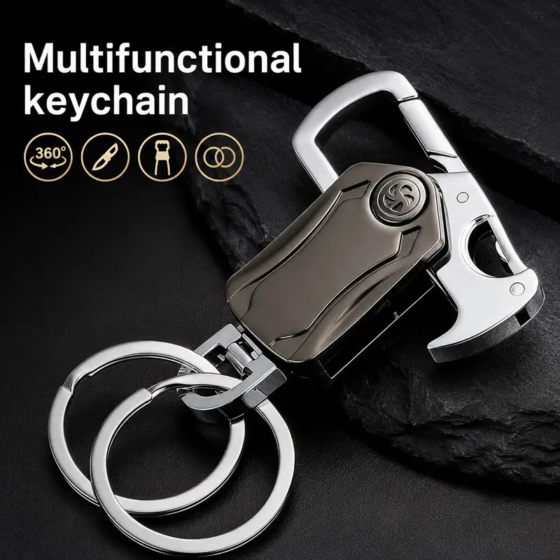 7-in-1 Multifunctional EDC Keychain Accessory - Heavy Duty Key Ring with Fidget Spinner, Bottle Opener, Box Cutter, Metal Car Accessory, Stress Relief Pocket Tool, Father's Day Unique Gift