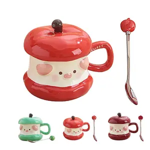 14oz/400ML  Cute Cartoon Animal Pig Coffee Mug with Spoon Ceramic Apple Coffee Cup Mugs, Ceramic Breakfast Cup CoffeeTea Mug for Home Use
