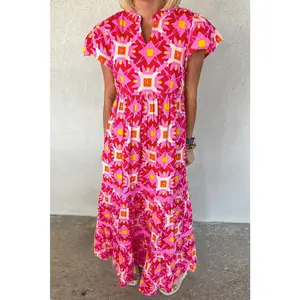 Strawberry Pink Geo Print V-neck Maxi Dress Casual Fabric Shortsleeve Sleeve