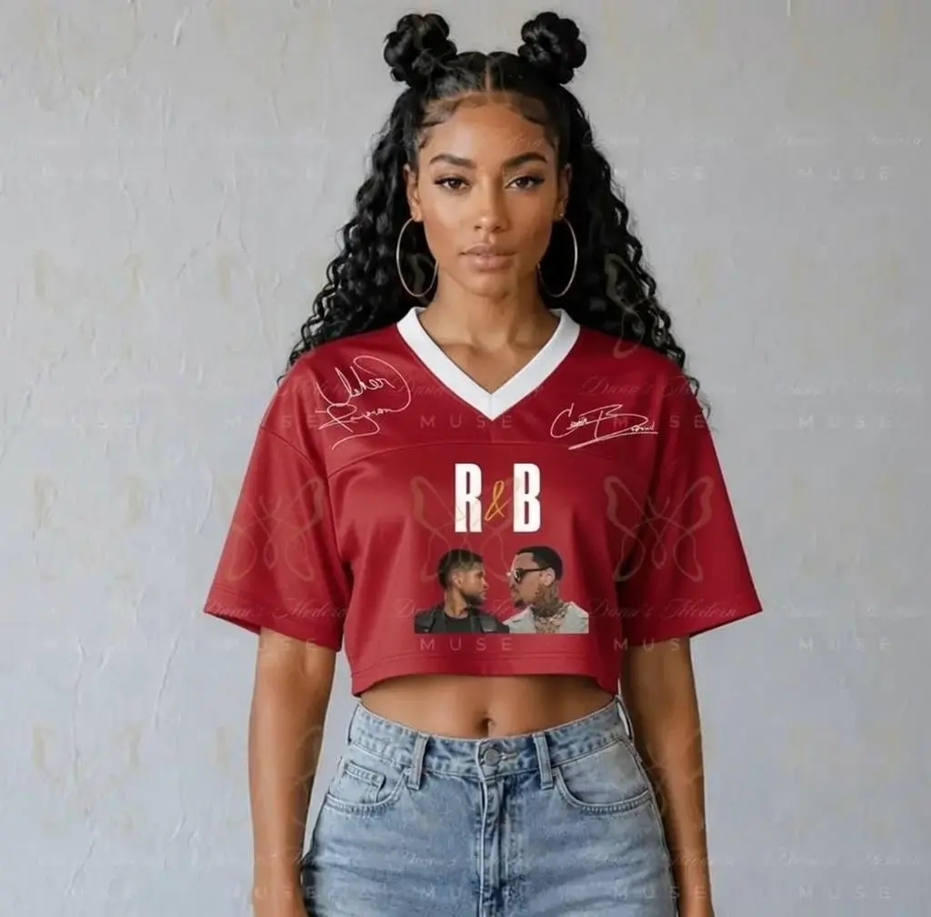 R&B Inspired Concert Crop Jersey, Black White Baseball Crop Top Shirt, Music Tour Style Graphic Short Sleeve Top, Trendy Streetwear Outfit For Women Girls, Festival Party Wear, Stylish Fan Gift Clothing