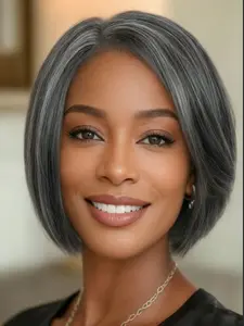 Women's Short Salt Pepper Bob Glueless Wig, Straight Synthetic Full Hairpiece, Heat Resistant Natural Look Role Play Wig, Straight Glueless Wigs