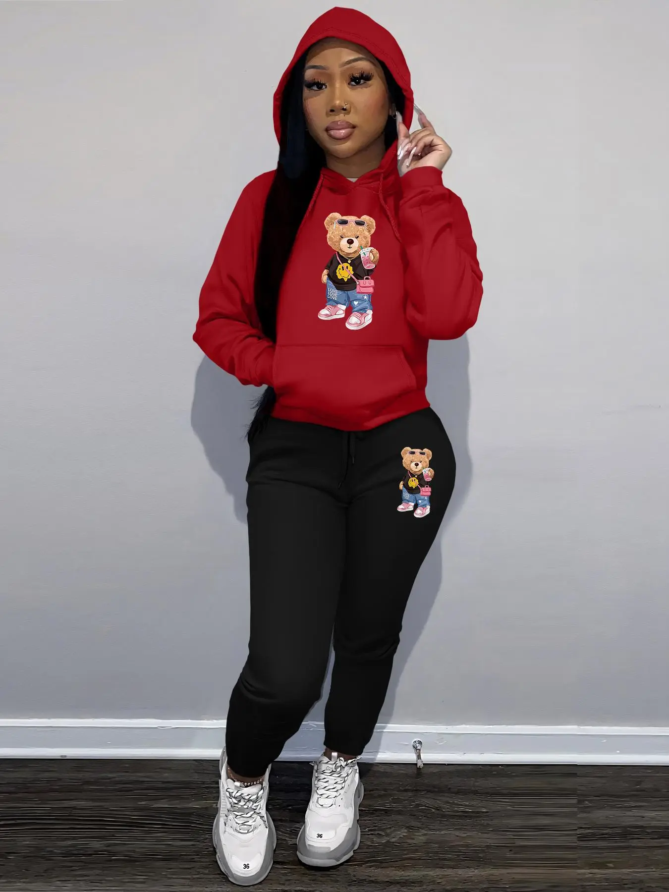 Women's Cartoon Bear Hoodie & Drawstring Waist Sweatpants Set, Casual Long Sleeve Hooded Sweatshirt & Pocket Jogger Pants, Lady Fall & Winter Clothes