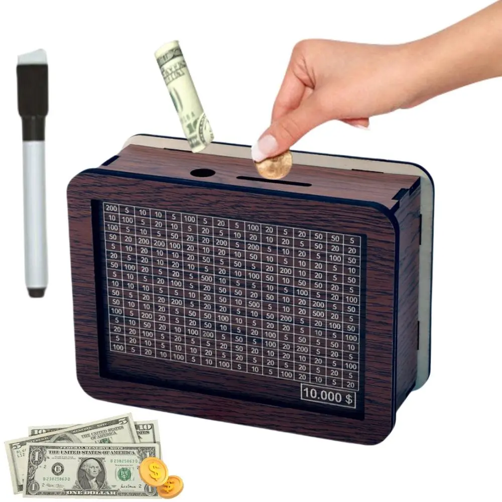 Wooden Piggy Bank with Pen, Money Saving Box, Desktop Ornament for Home or Office, Gift for Friends and Family, Wooden Savings Box, Coin Bank
