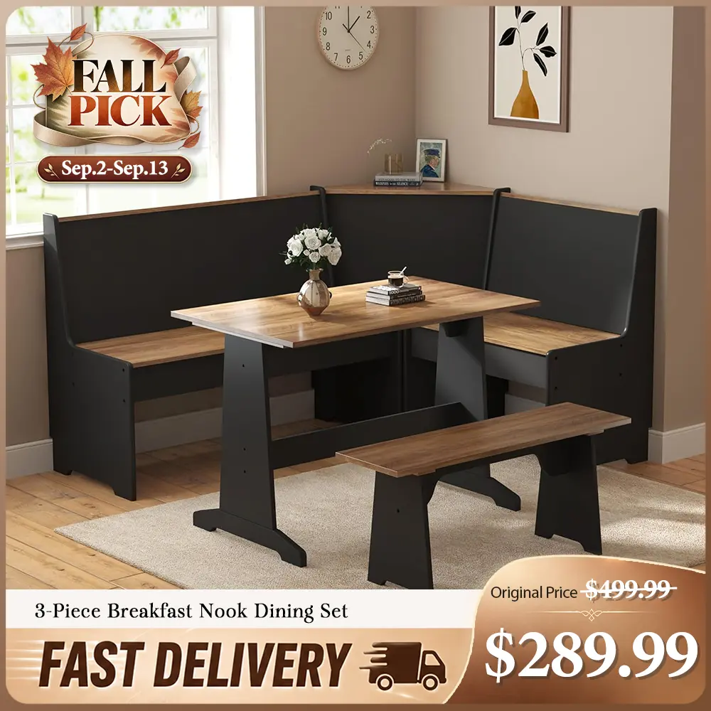 [Ships in 2 Boxes] AMERLIFE 3-Piece Breakfast Nook Dining Set, L-Shaped Corner Bench with Hidden Storage, Space-Saving Kitchen Table Set for Small Spaces, Black & Oak[tiktokshopbacktoschool][SohoChic]