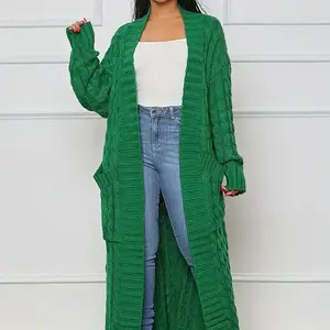 Fashion Women's Clothing Long Length Cable Knit Cardigan - Elegant Solid Long Sleeve Sweater With Pockets - Women's Clothing - Fall/Winter - Suitable Casual  Formal Occasions - WomenGiftGift