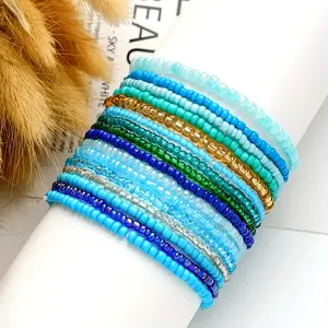 16pcs Handcrafted Boho Chic Glass Bead Blue Series Bracelet Set - Vacation & Casual Attire Elegant Women Bracelet Jewelry Couple Bracelets Wristbands Set