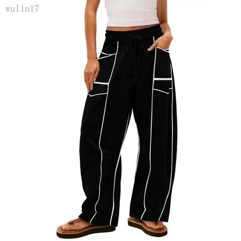 2025 New Women's Smocked Cotton Oversized Sweatpants - Elastic Waist, Baggy Barrel Wide-Leg Raw Hem, Pockets, All Seasons Style, Drawstring Adjustable, Casual Lounge Streetwear, Hoodie-Pairable Gift, Sports Bottoms