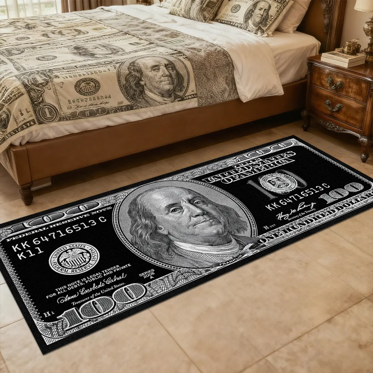 Black dollar rug, 1 Count long rug, $100 Bill pattern design, 100 Dollar Bill black printed floor mat, Decorative rug, Polyester rug, suitable for corridors, kitchens, bedrooms, living rooms and other scenes, multiple sizes available, Unique Rugs