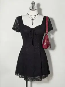 Women's Black Short Sleeve Mini Dress, Sweetheart Square Neck with Front Tie Detail, High Waist A-Line Flared Skirt, 2026 Trendy Dark Coquette Aesthetic, Sexy Going Out Dress for Party, Club, Date Night & Casual Wear, Viral Must-Have Fashion for Women