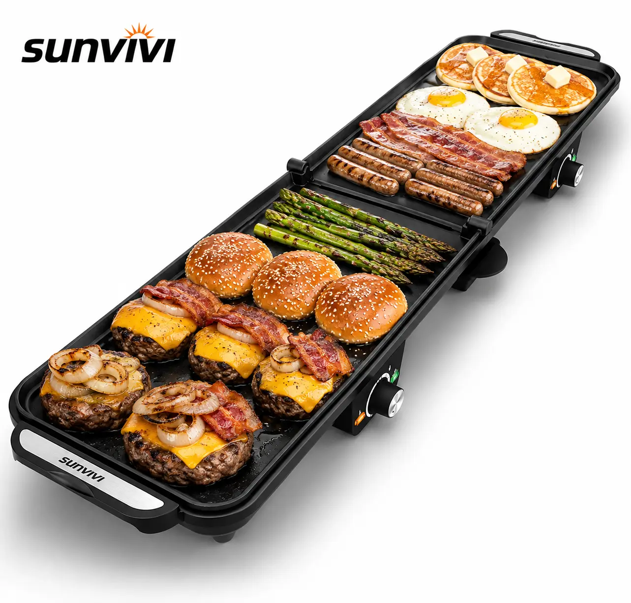 Sunvivi 38"x9" Extra Large Flat Electric Griddle - Foldable Nonstick Plate Grill with 2 Adjustable Temp Knobs, Drip Grease Tray, 1600W for Indoor/Outdoor Family Food Cooking, Easy to Clean Teppanyaki Pan