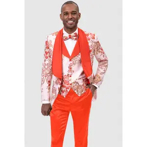 Mens Vested Shawl Lapel Paisley Prom Tuxedo in Orange