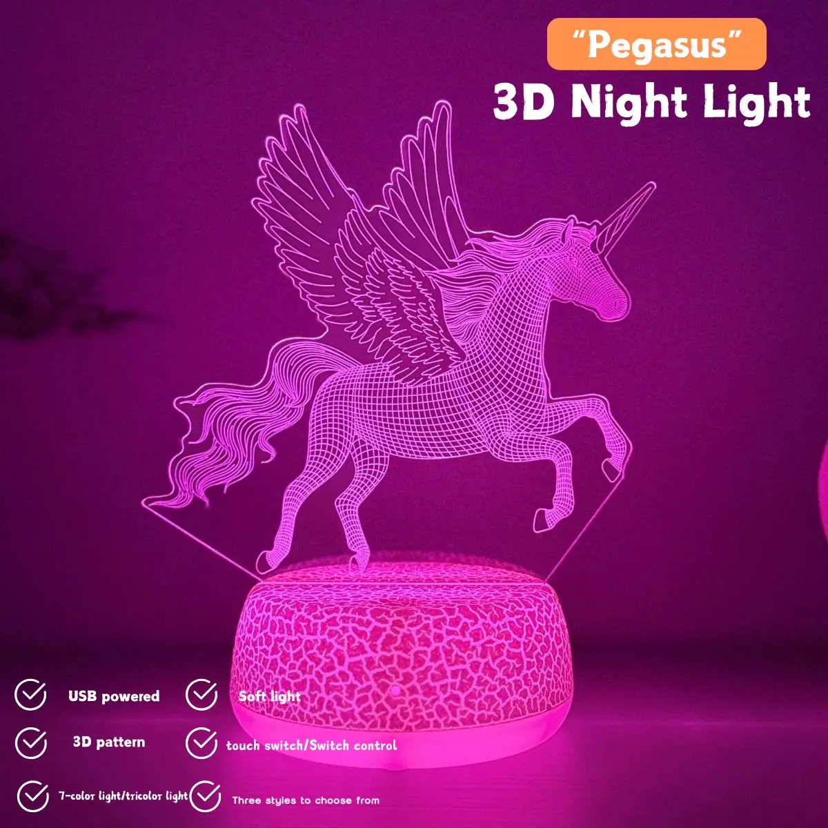 1pc 3D Rainbow Unicorn Night Light USB Powered Touch/button Control, Seven Color Lighting, Ideal for Bedroom, Bar, Festival Gifts