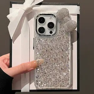 Luxury Rhinestone Bow Epoxy Sequins Phone Case For iPhone 17 16 15 14 13 12 11 Pro Max Plus Cute Bling Shockproof Bumper Cover