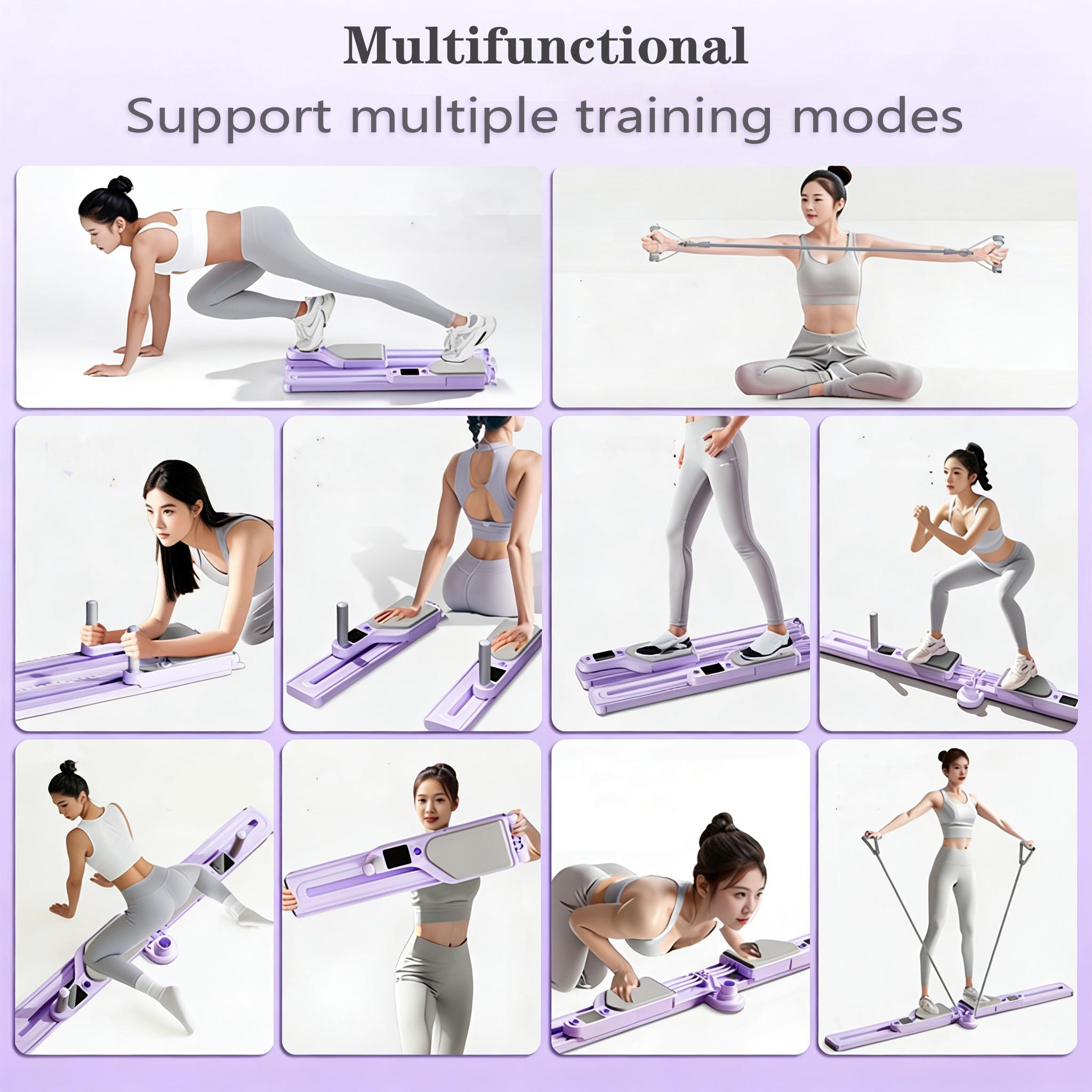 Purple Multifunctional Pilates Board Pilates Reformer Machine with Resistance Bands, Timer & Kcal Reps Display, Full Body Home Workout Equipment Fitness Exercise Kit for Women