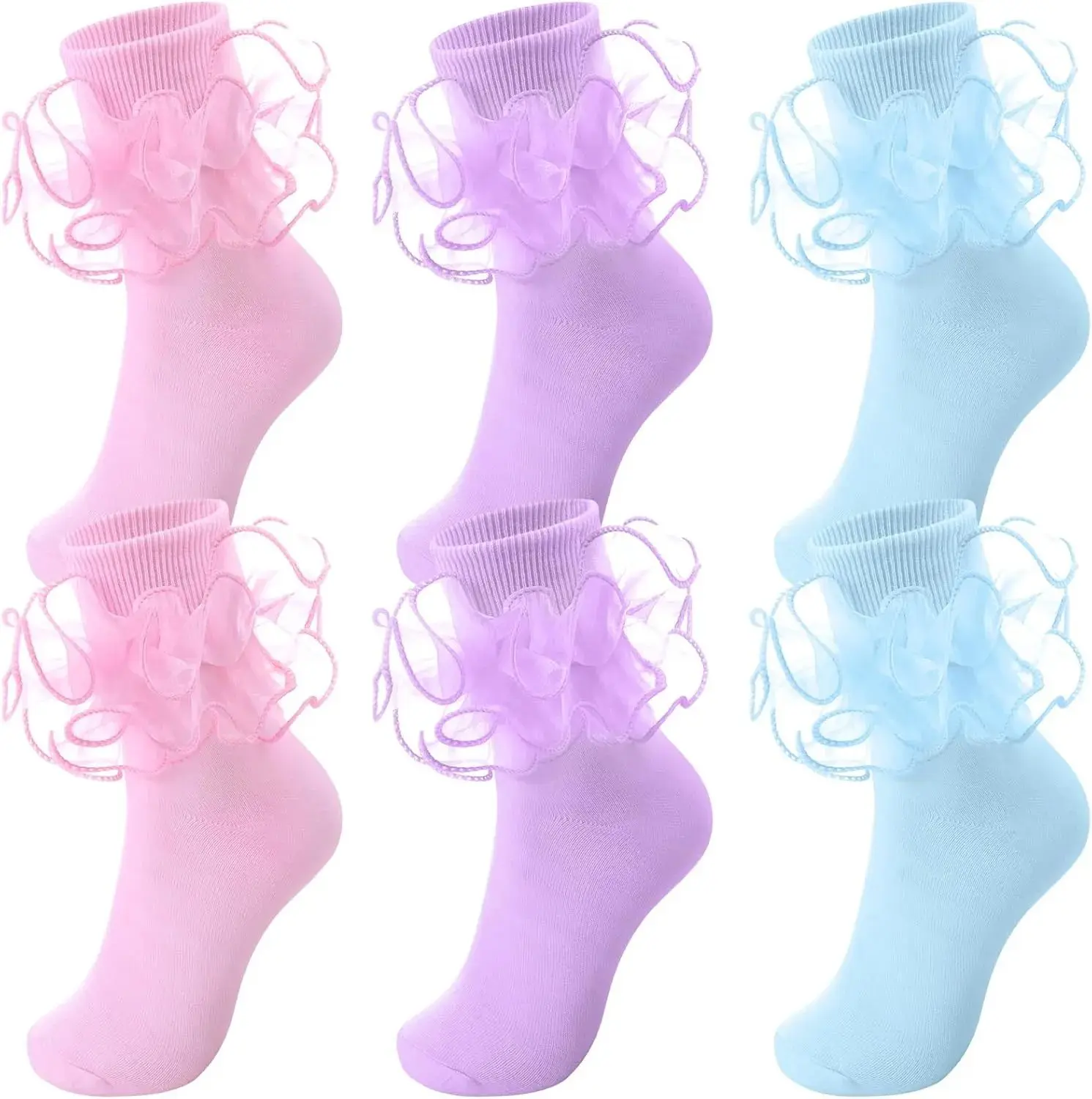 3 Pairs Women Big Ruffle Socks Turn Cuff, Double Lace Ankle Socks for Woman Cotton Lace Frilly Socks for Ladies