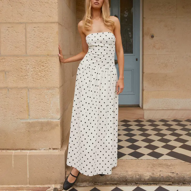 Women's Boho Maxi Strapless Dress Stylish Dot Print/Floral Print Sleeveless Tube Long Dress for Summer Vacation Beach