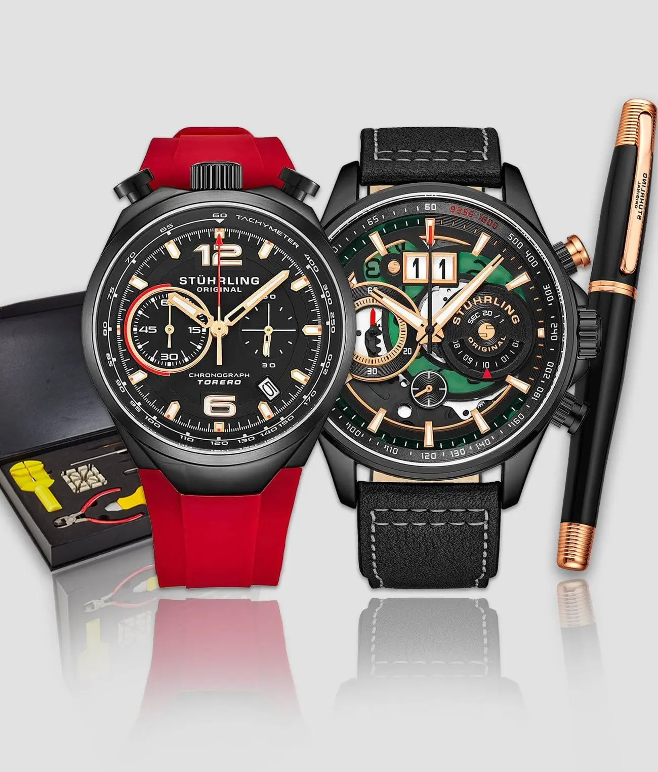 Men's 4-Piece Gift Set with 2 Aviator Style Chronograph Watches, Stainless Steel Rollerball Pen, and Watch Tool Kit, Chronograph Watch